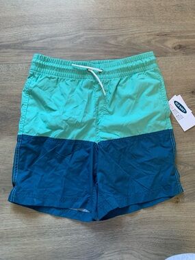 Old Navy Teal and Navy Colorblock Boys Swim Trunks